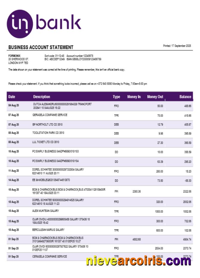 Inbank business firm account statement Word snd PDF format